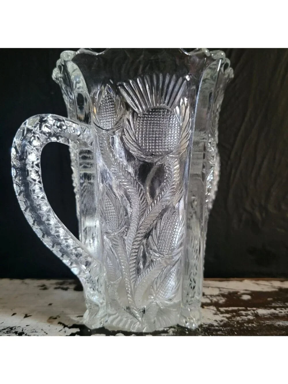 Antique JB Higbee Glass Inverted Thistle & Flower Two-Handled Spooner